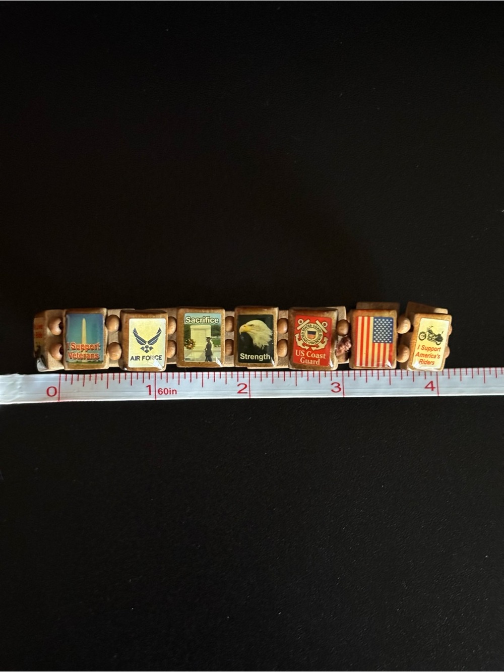 Vintage Military & Patriotic Stretch Bracelet with Wooden Beads